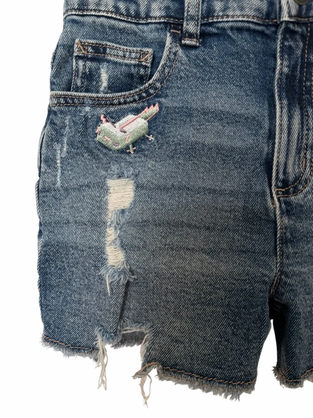 Justice Minecraft Blue Denim Shorts Girl 12 Embroidered Distressed Mini Mom